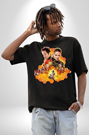 Antman ve Wasp  Pamuklu Bisiklet Yaka Kadın Erkek Oversize Boyfriend Dijital Baskılı Siyah T-shirt