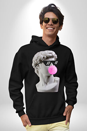 Gözlüklü David'in Kafasının Alçı Heykeli Kadın Erkek  Siyah Kapüşonlu Sweatshirt Hoodie