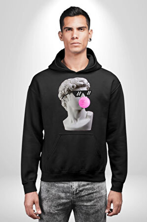 Gözlüklü David'in Kafasının Alçı Heykeli Kadın Erkek  Siyah Kapüşonlu Sweatshirt Hoodie