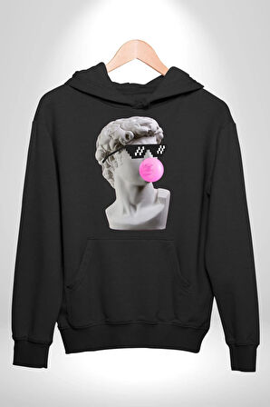 Gözlüklü David'in Kafasının Alçı Heykeli Kadın Erkek  Siyah Kapüşonlu Sweatshirt Hoodie