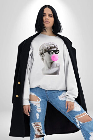Gözlüklü David'in Kafasının Alçı Heykeli Kadın Erkek Beyaz Sweatshirt 