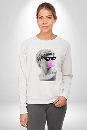 Gözlüklü David'in Kafasının Alçı Heykeli Kadın Erkek Beyaz Sweatshirt 