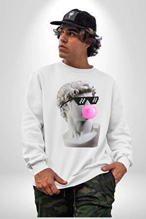 Gözlüklü David'in Kafasının Alçı Heykeli Kadın Erkek Beyaz Sweatshirt 