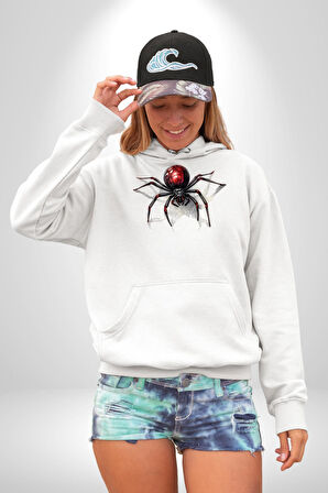 Beyaz Örümcek Kadın Erkek  Beyaz Kapüşonlu Sweatshirt Hoodie