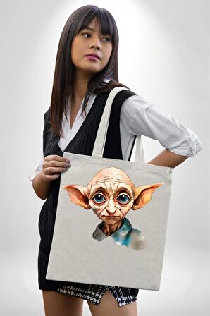 Dobby Elf Harry Potter Sulu Boya 35X40 Kadın Erkek Çocuk Ekru Ham Bez Çanta