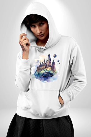 Harry Potter Hogwarts Ucan Araba Kadın Erkek  Beyaz Kapüşonlu Sweatshirt Hoodie