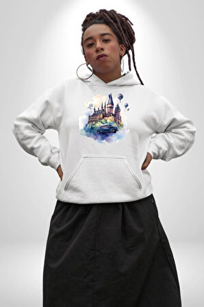 Harry Potter Hogwarts Ucan Araba Kadın Erkek  Beyaz Kapüşonlu Sweatshirt Hoodie