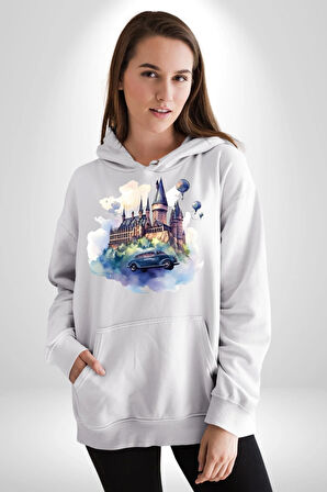 Harry Potter Hogwarts Ucan Araba Kadın Erkek  Beyaz Kapüşonlu Sweatshirt Hoodie