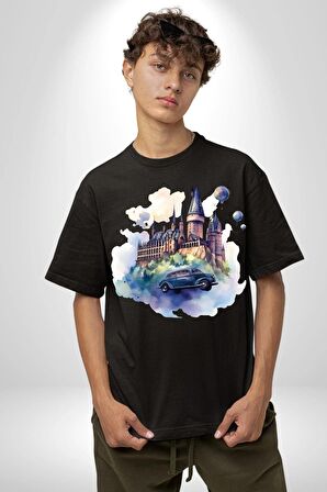 Harry Potter Hogwarts Ucan Araba Pamuklu Bisiklet Yaka Kadın Erkek Oversize Boyfriend Dijital Baskılı Siyah T-shirt