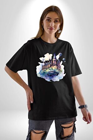 Harry Potter Hogwarts Ucan Araba Pamuklu Bisiklet Yaka Kadın Erkek Oversize Boyfriend Dijital Baskılı Siyah T-shirt