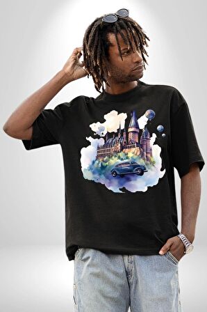 Harry Potter Hogwarts Ucan Araba Pamuklu Bisiklet Yaka Kadın Erkek Oversize Boyfriend Dijital Baskılı Siyah T-shirt