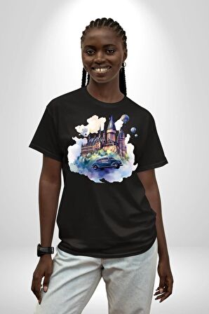 Harry Potter Hogwarts Ucan Araba Pamuklu Bisiklet Yaka Kadın Erkek Oversize Boyfriend Dijital Baskılı Siyah T-shirt