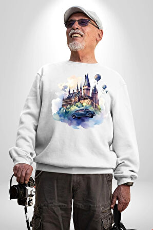 Harry Potter Hogwarts Ucan Araba Kadın Erkek Beyaz Sweatshirt 