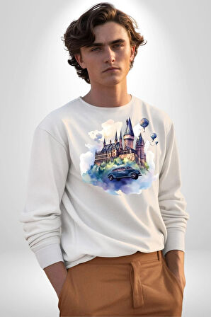 Harry Potter Hogwarts Ucan Araba Kadın Erkek Beyaz Sweatshirt 