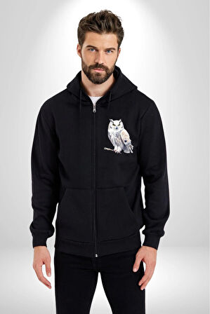 Beyaz Baykuş Harry Potter Posta  Kadın Erkek Siyah Kapüşonlu Fermuarlı Baskılı Hırka Sweatshirt