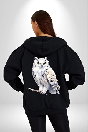 Beyaz Baykuş Harry Potter Posta  Kadın Erkek Siyah Kapüşonlu Fermuarlı Baskılı Hırka Sweatshirt
