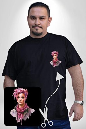 Pembe Saçlı Kadın  Siyah Büyük Beden Kadın Basic Minimal Baskılı Tişört