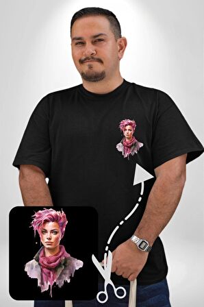 Pembe Saçlı Kadın  Siyah Büyük Beden Kadın Basic Minimal Baskılı Tişört