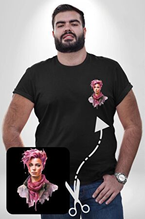 Pembe Saçlı Kadın  Siyah Büyük Beden Kadın Basic Minimal Baskılı Tişört