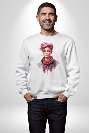 Pembe Saçlı Kadın  Kadın Erkek Beyaz Sweatshirt 