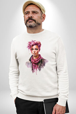 Pembe Saçlı Kadın  Kadın Erkek Beyaz Sweatshirt 