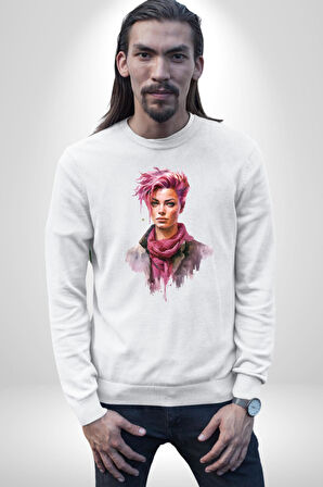 Pembe Saçlı Kadın  Kadın Erkek Beyaz Sweatshirt 