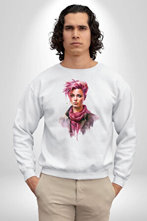 Pembe Saçlı Kadın  Kadın Erkek Beyaz Sweatshirt 
