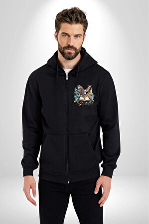 Kitap Baykuş Sihir Kadın Erkek Siyah Kapüşonlu Fermuarlı Baskılı Hırka Sweatshirt