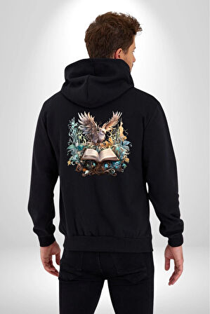 Kitap Baykuş Sihir Kadın Erkek Siyah Kapüşonlu Fermuarlı Baskılı Hırka Sweatshirt