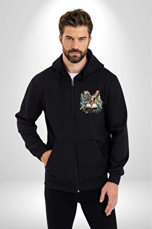 Kitap Baykuş Sihir Kadın Erkek Siyah Kapüşonlu Fermuarlı Baskılı Hırka Sweatshirt