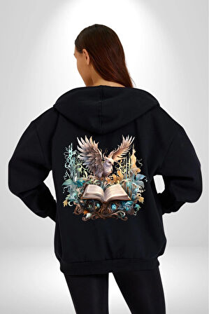 Kitap Baykuş Sihir Kadın Erkek Siyah Kapüşonlu Fermuarlı Baskılı Hırka Sweatshirt