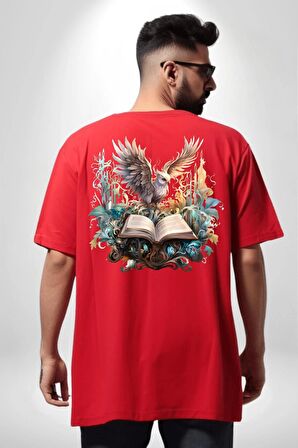 Kitap Baykuş Sihir Kırmızı Oversize Kadın Erkek Ön ve Sırt Baskılı Tişört