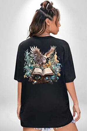 Kitap Baykuş Sihir Siyah Oversize Kadın Erkek Ön ve Sırt Baskılı Tişört