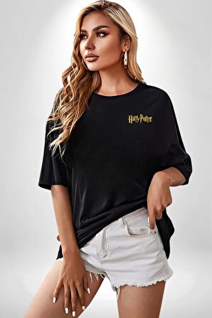 Kitap Baykuş Sihir Siyah Oversize Kadın Erkek Ön ve Sırt Baskılı Tişört