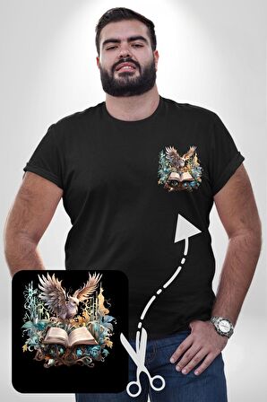 Kitap Baykuş Sihir Siyah Büyük Beden Kadın Basic Minimal Baskılı Tişört