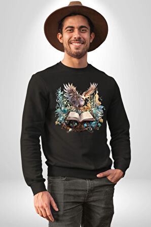 Kitap Baykuş Sihir Kadın Erkek Siyah Sweatshirt 