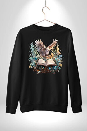 Kitap Baykuş Sihir Kadın Erkek Siyah Sweatshirt 