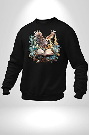 Kitap Baykuş Sihir Kadın Erkek Siyah Sweatshirt 