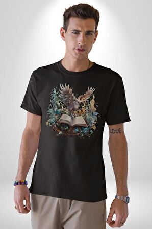 Kitap Baykuş Sihir Kadın Erkek Unisex Siyah Organik Baskılı T-Shirt Penye Yüksek Kalite