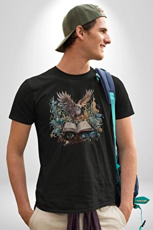 Kitap Baykuş Sihir Kadın Erkek Unisex Siyah Organik Baskılı T-Shirt Penye Yüksek Kalite