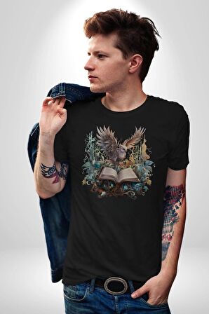 Kitap Baykuş Sihir Kadın Erkek Unisex Siyah Organik Baskılı T-Shirt Penye Yüksek Kalite