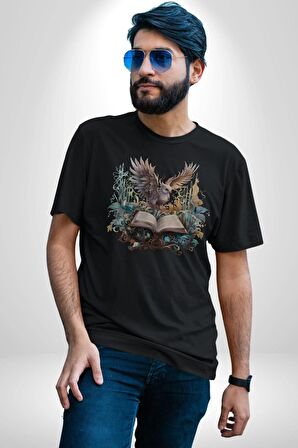 Kitap Baykuş Sihir Kadın Erkek Unisex Siyah Organik Baskılı T-Shirt Penye Yüksek Kalite
