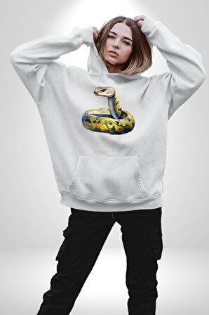 Snake Yılan Anaconda  Kadın Erkek  Beyaz Kapüşonlu Sweatshirt Hoodie