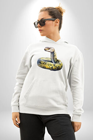 Snake Yılan Anaconda  Kadın Erkek  Beyaz Kapüşonlu Sweatshirt Hoodie