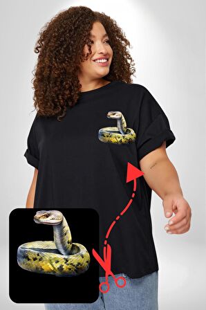 Snake Yılan Anaconda  Siyah Büyük Beden Kadın Basic Minimal Baskılı Tişört