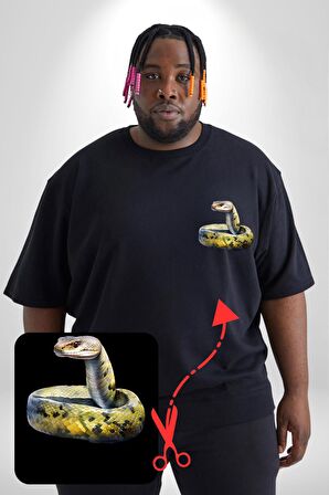 Snake Yılan Anaconda  Siyah Büyük Beden Kadın Basic Minimal Baskılı Tişört