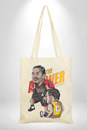 Karikatür Basketbol AllenIverson The Answer 35X40 Kadın Erkek Çocuk Ekru Ham Bez Çanta