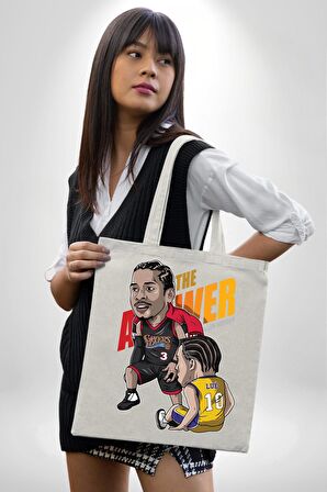 Karikatür Basketbol AllenIverson The Answer 35X40 Kadın Erkek Çocuk Ekru Ham Bez Çanta