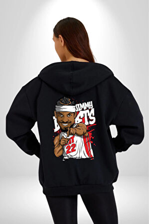 Jimmy Butler Basketbol Kadın Erkek Siyah Kapüşonlu Fermuarlı Baskılı Hırka Sweatshirt