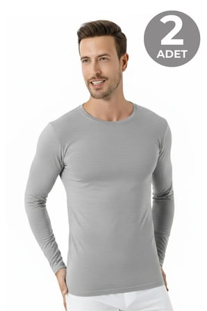 Özel Üretim Hediye Puset Rahat Giyim Erkek Gri Bisiklet Yaka Uzun Kollu Fanila Tişört 2'li Paket